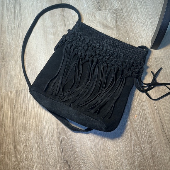 World Market Black Suede Fringe Crossbody Bag Boho Festival Western - Picture 5 of 6